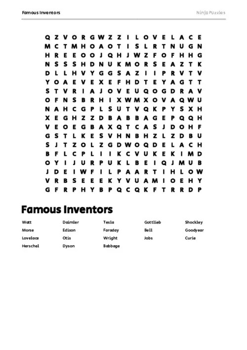 Free Printable Famous Inventors themed Word Search Puzzle - Free