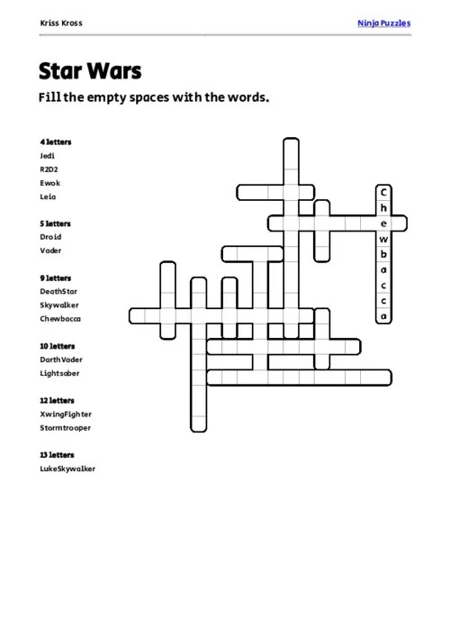 Free Star Wars KrissKross Puzzle Free Printable PDF