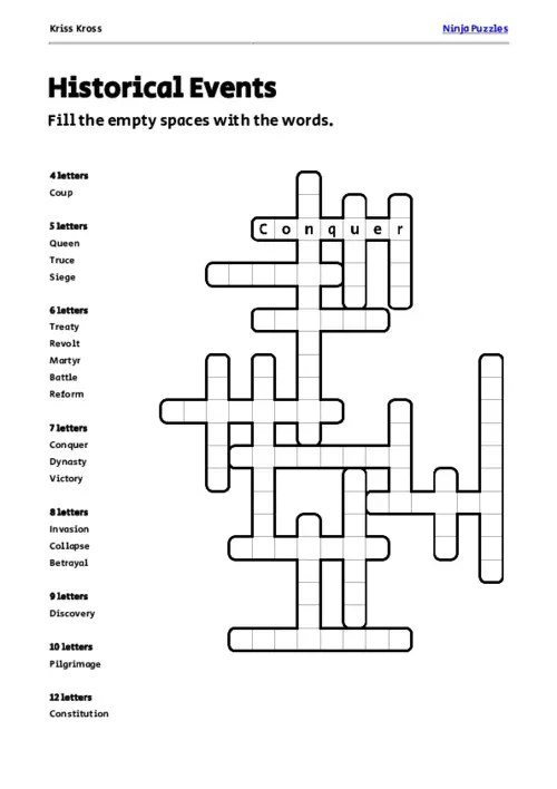 Free Historical Events KrissKross Puzzle Free Printable PDF