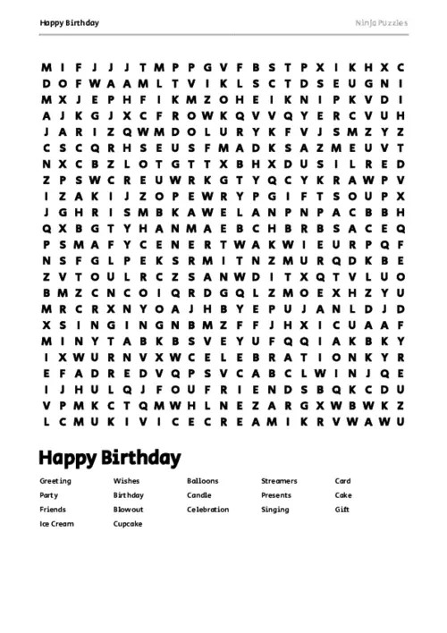 Free Printable Happy Birthday themed Word Search Puzzle - Free