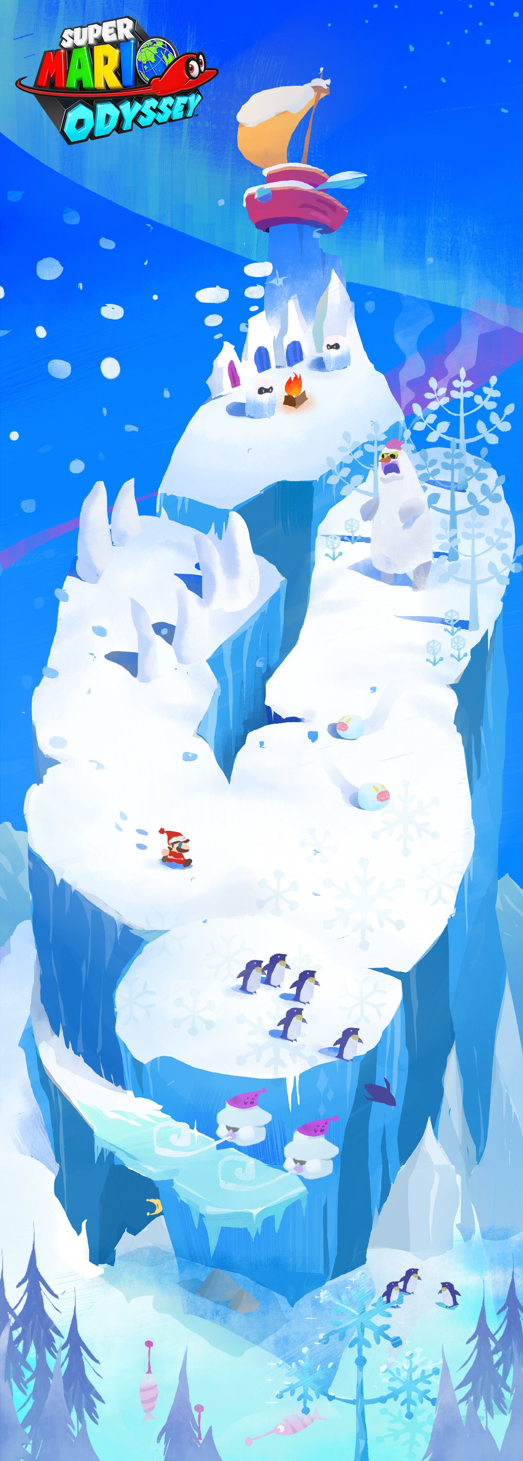 Super Mario Odyssey concept art shows the Snow Kingdom, plus a look at