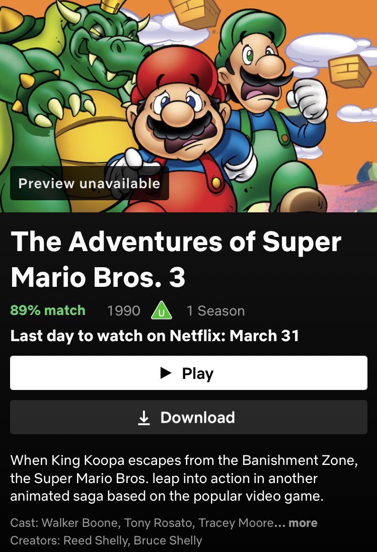 Random Netflix Removing Super Mario Bros. 3 Cartoon After March 31st