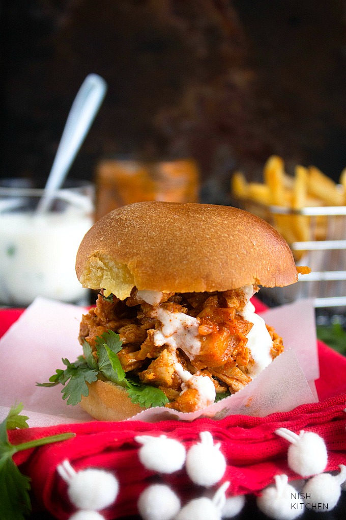 Pulled Butter Chicken Burger Video NISH KITCHEN