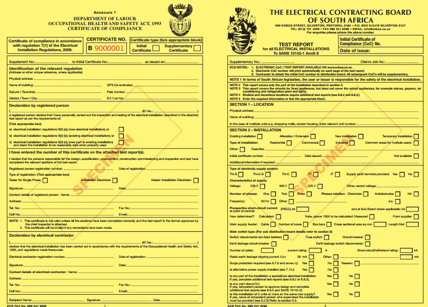 Electrical COC Compliance Certificate Nivroc