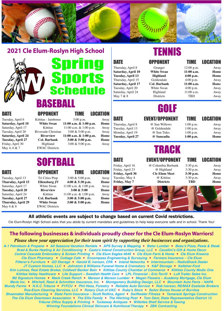 2021 Spring Sports Schedule Cle Elum Roslyn Northern Kittitas