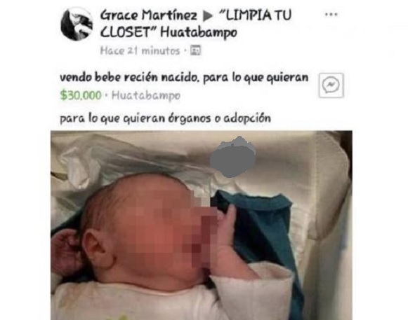 Ponen en Facebook a bebÃ© en venta para Ã³rganos o adopciÃ³n, en Sonora