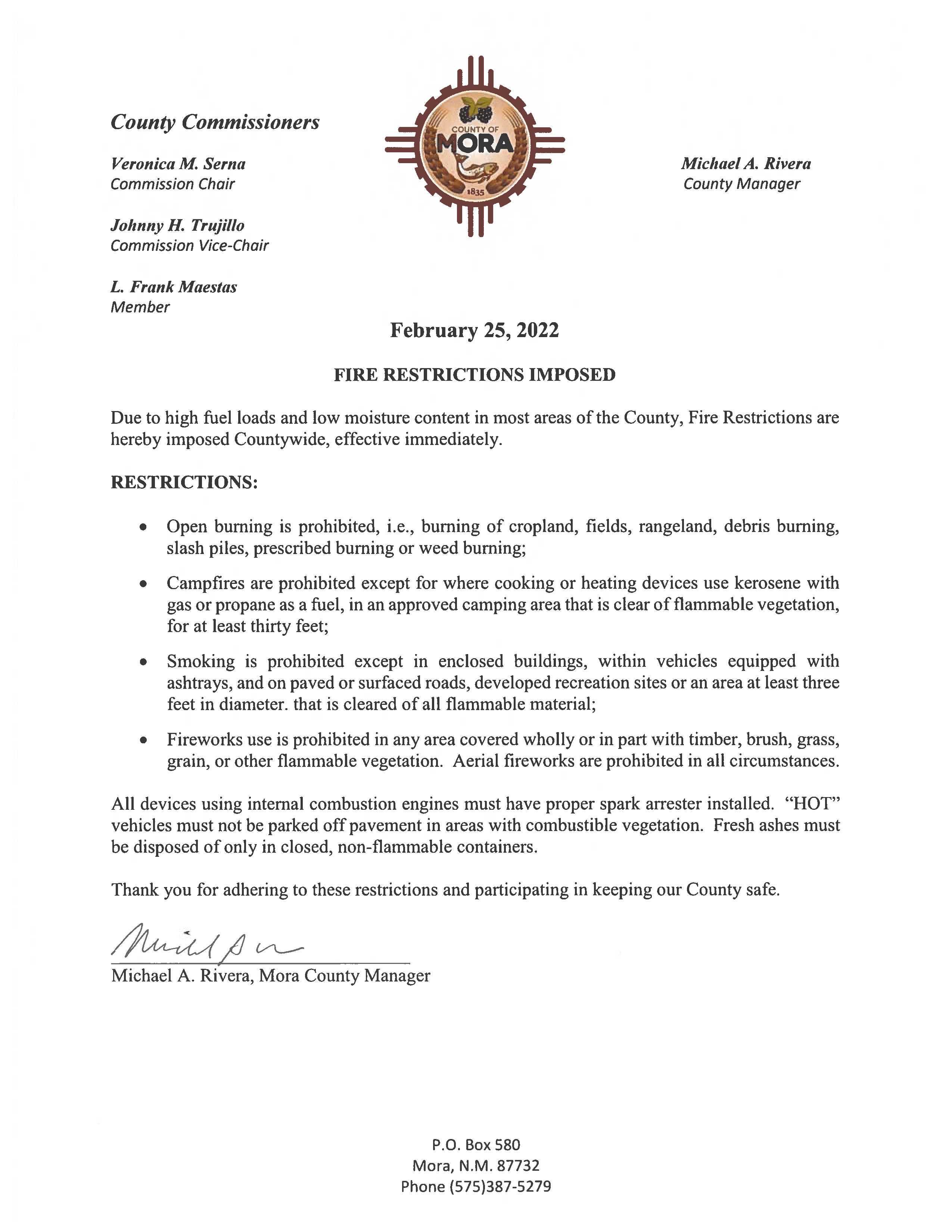  Mora County Issues Fire Restrictions Effective Immediately February