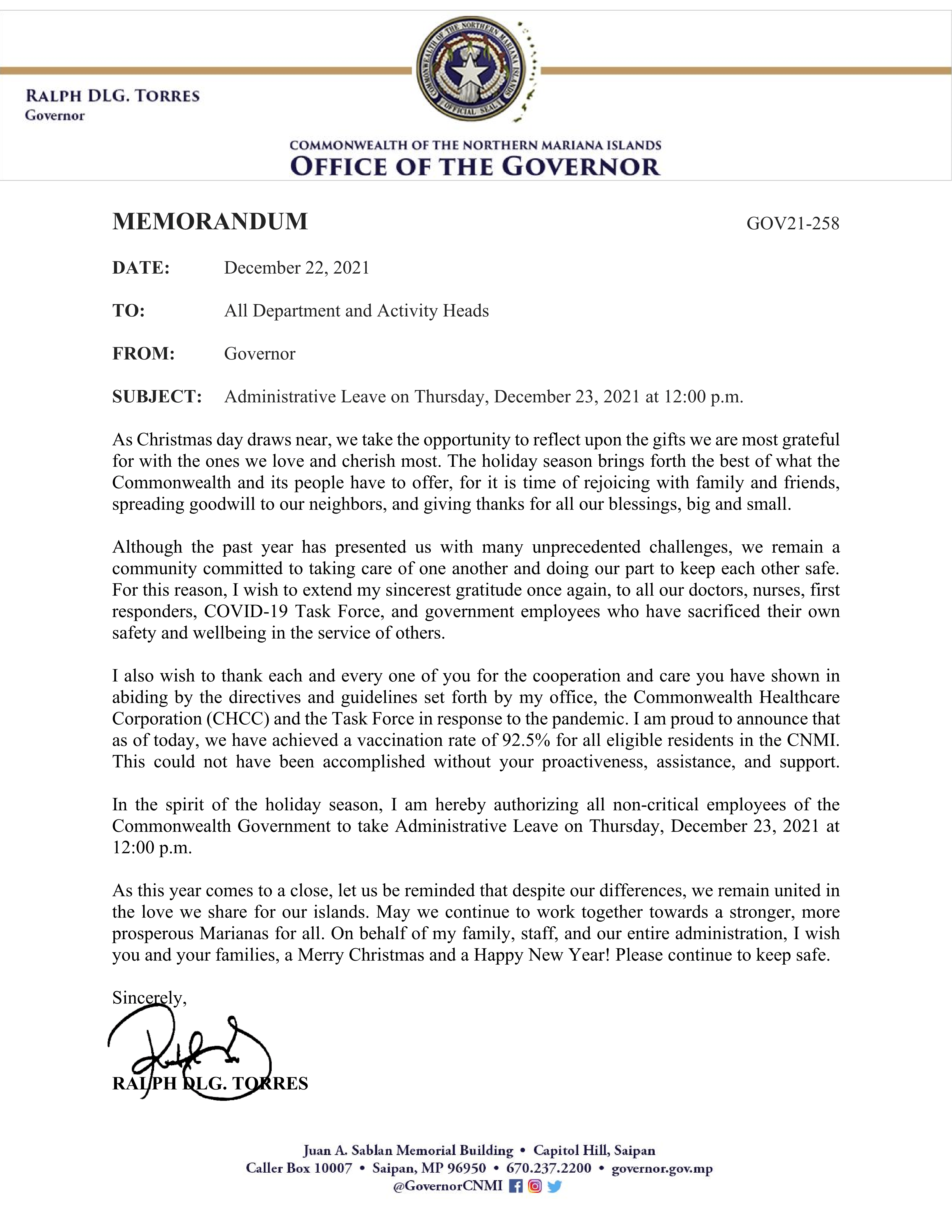 Governor Memo Administrative Leave in Celebration of Christmas NMI