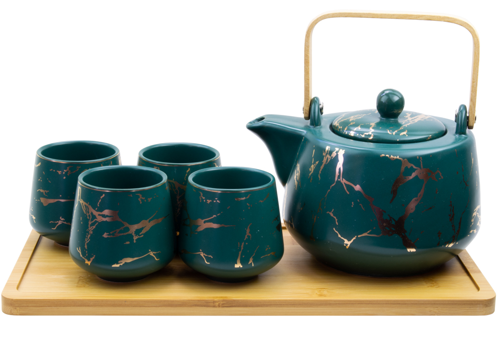 4 Cup Gold Marbled Tea Set with Tray 37oz Green