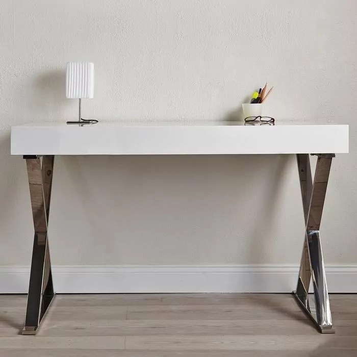 Schreibtisch LONDON Weiß Hochglanz & Gestell Chrom 100cm Wohnraum