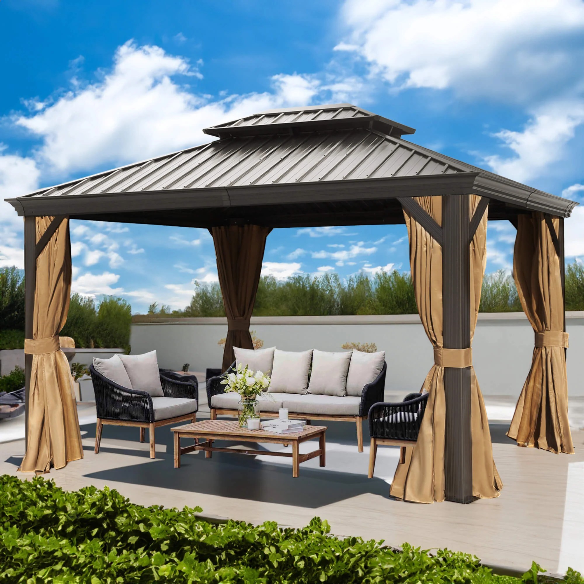 10'x12' Hardtop Gazebo Galvanized Steel DoubleRoof Gazebo w/ Netting