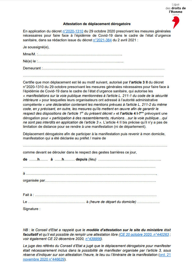 ATTESTATION DE DÉPLACEMENT DÉROGATOIRE