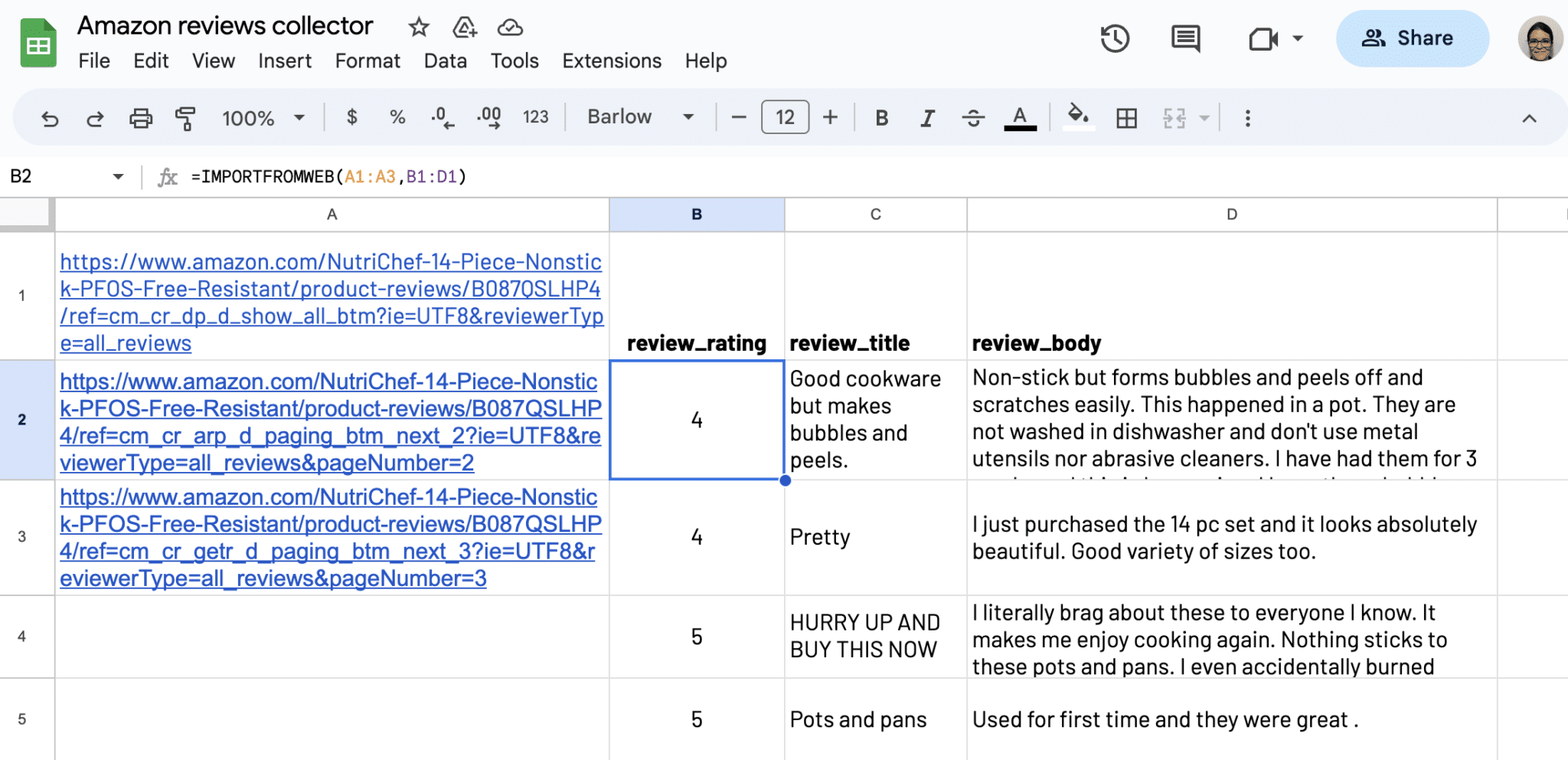 Extract Amazon reviews in Google Sheets ImportFrom