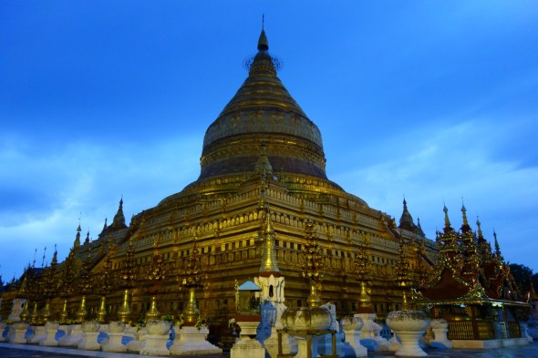 temple lit up at dusk