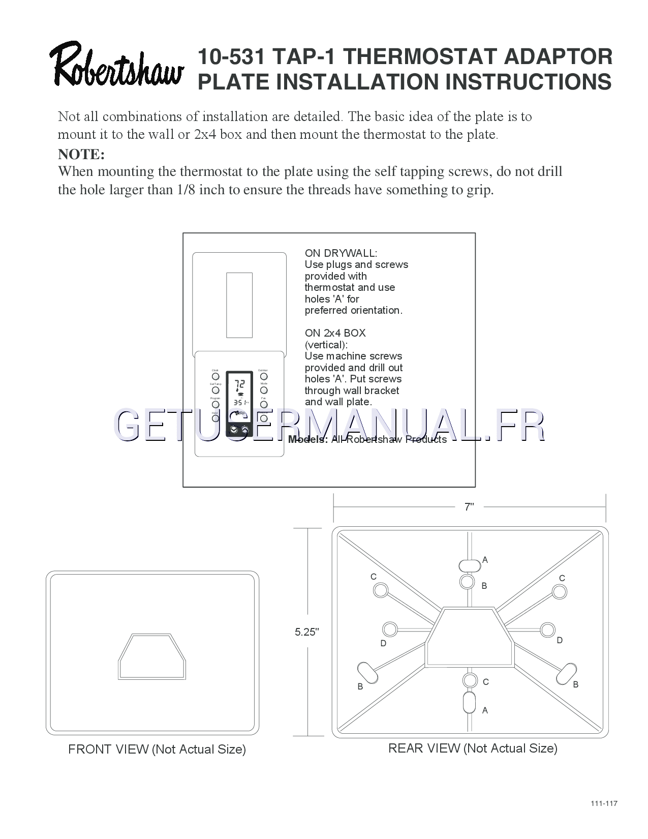 Robertshaw Les thermostats non programmables 300208 Installez Sheet