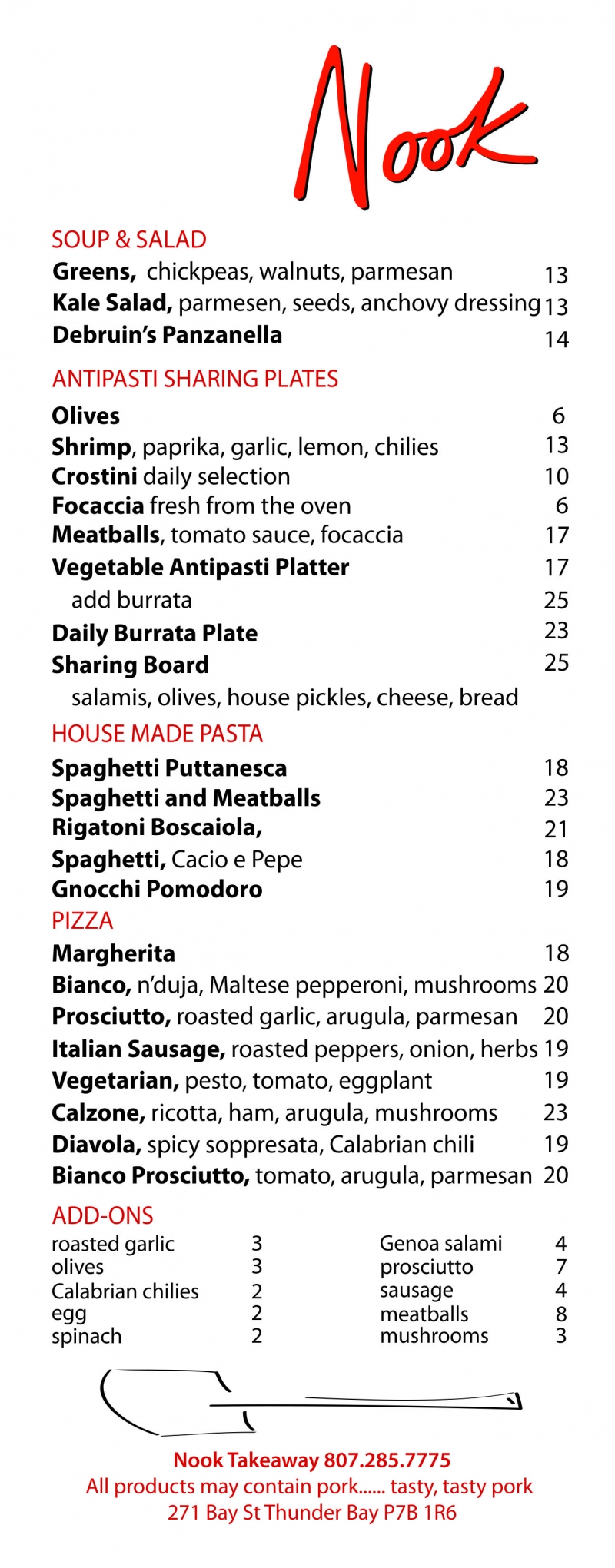 Menu Nook Restaurant Thunder Bay, ON