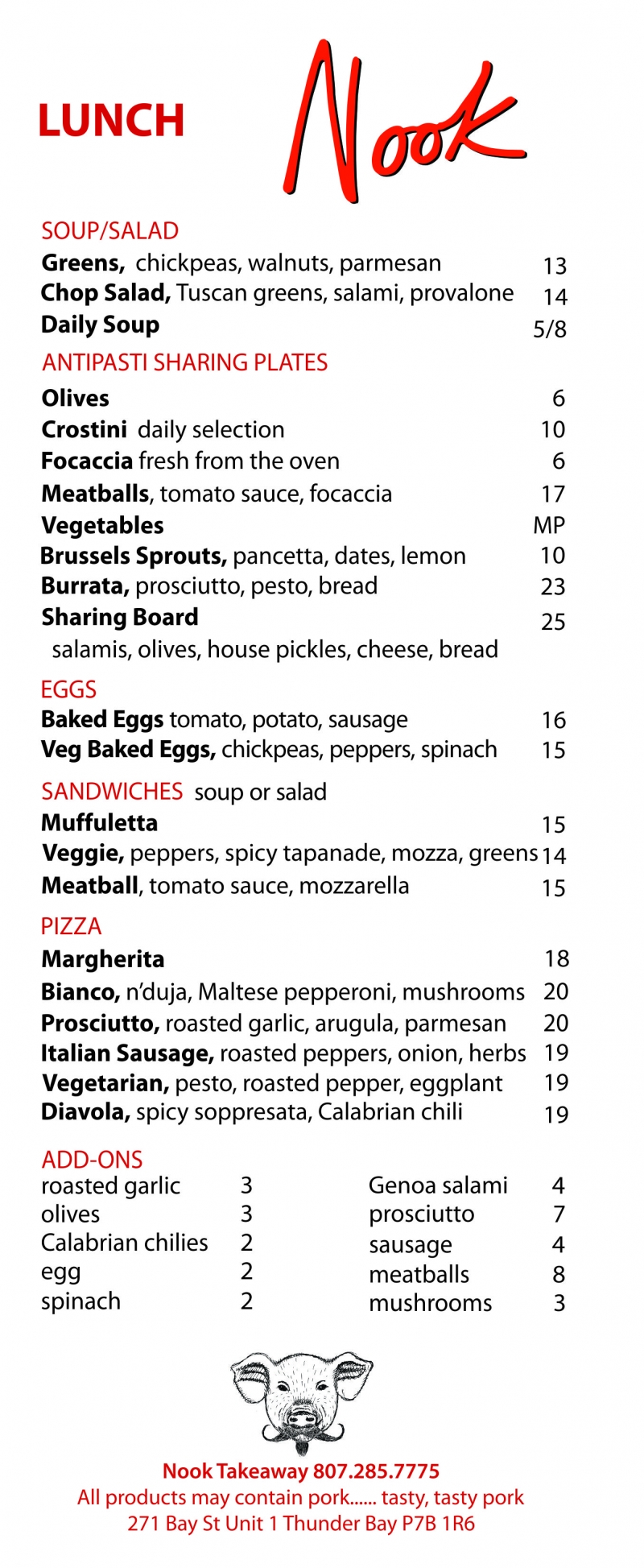 Menu Nook Restaurant Thunder Bay, ON