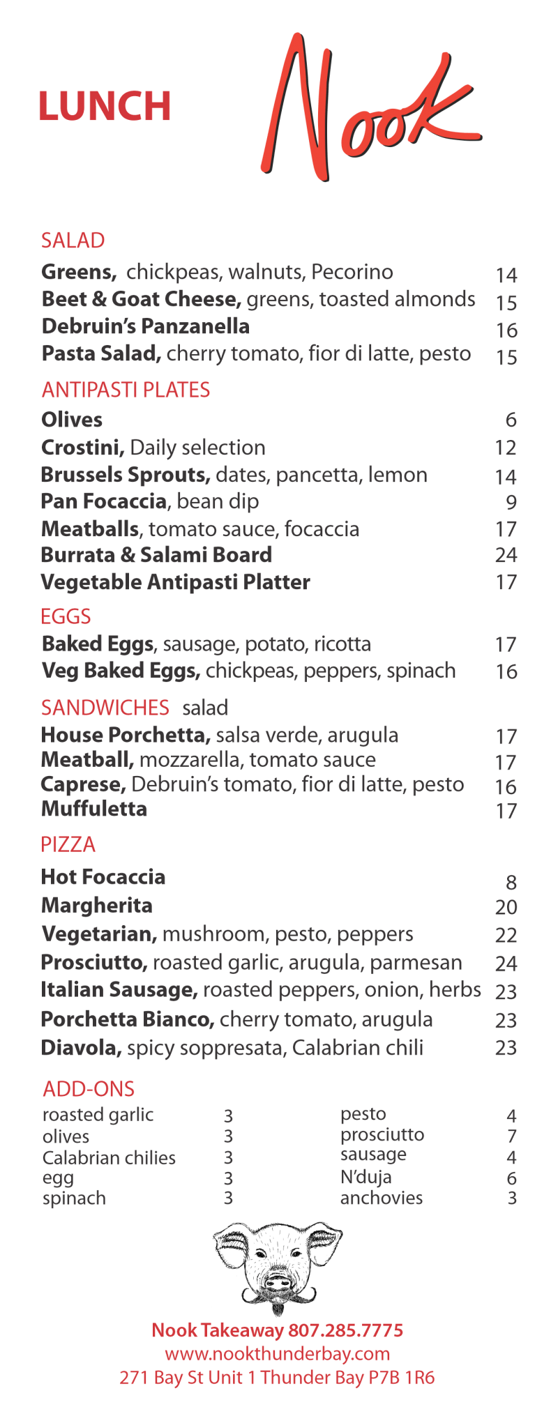 Menu Nook Restaurant Thunder Bay, ON