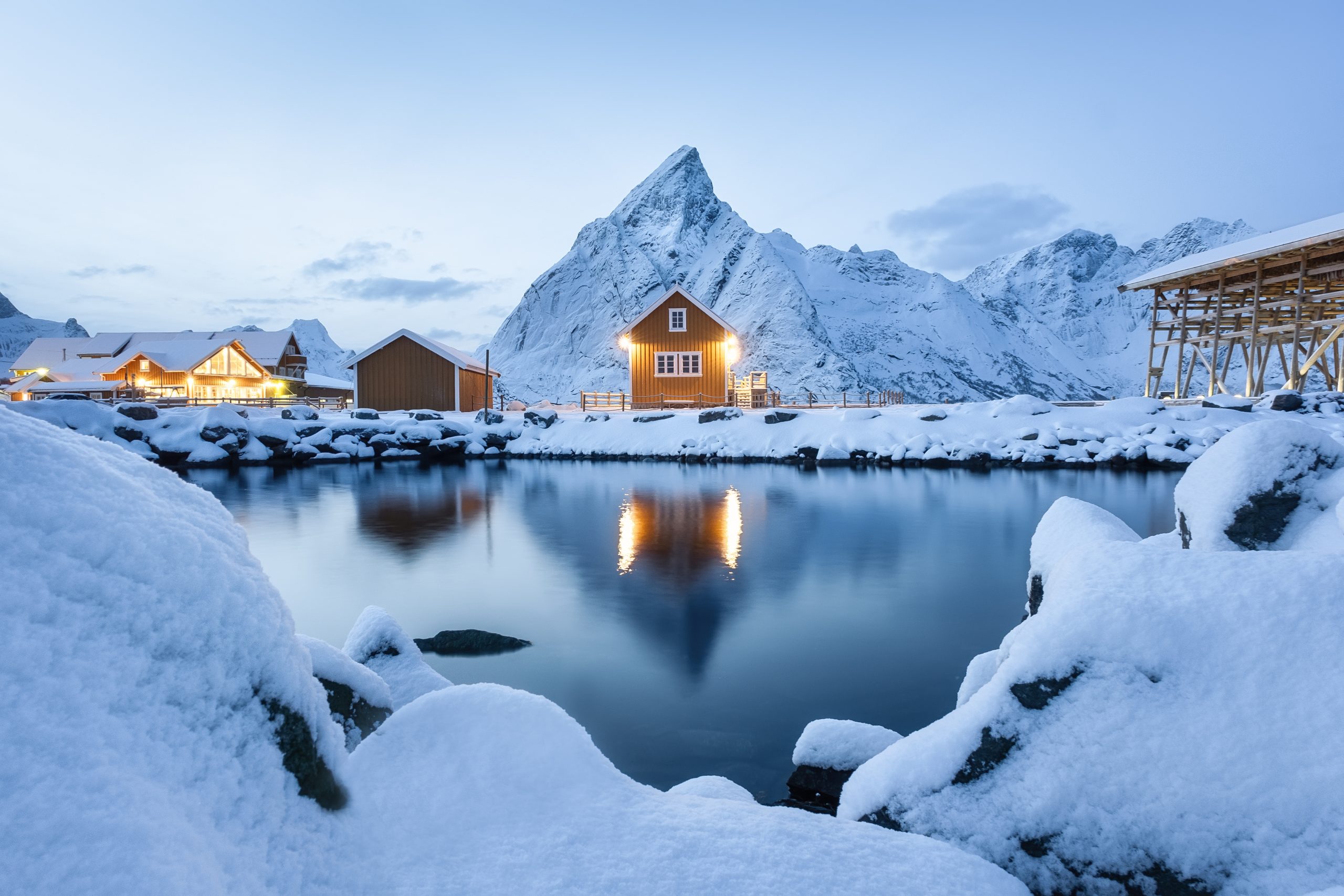 View on the house in the Sarkisoy village, Lofoten Islands, Norway