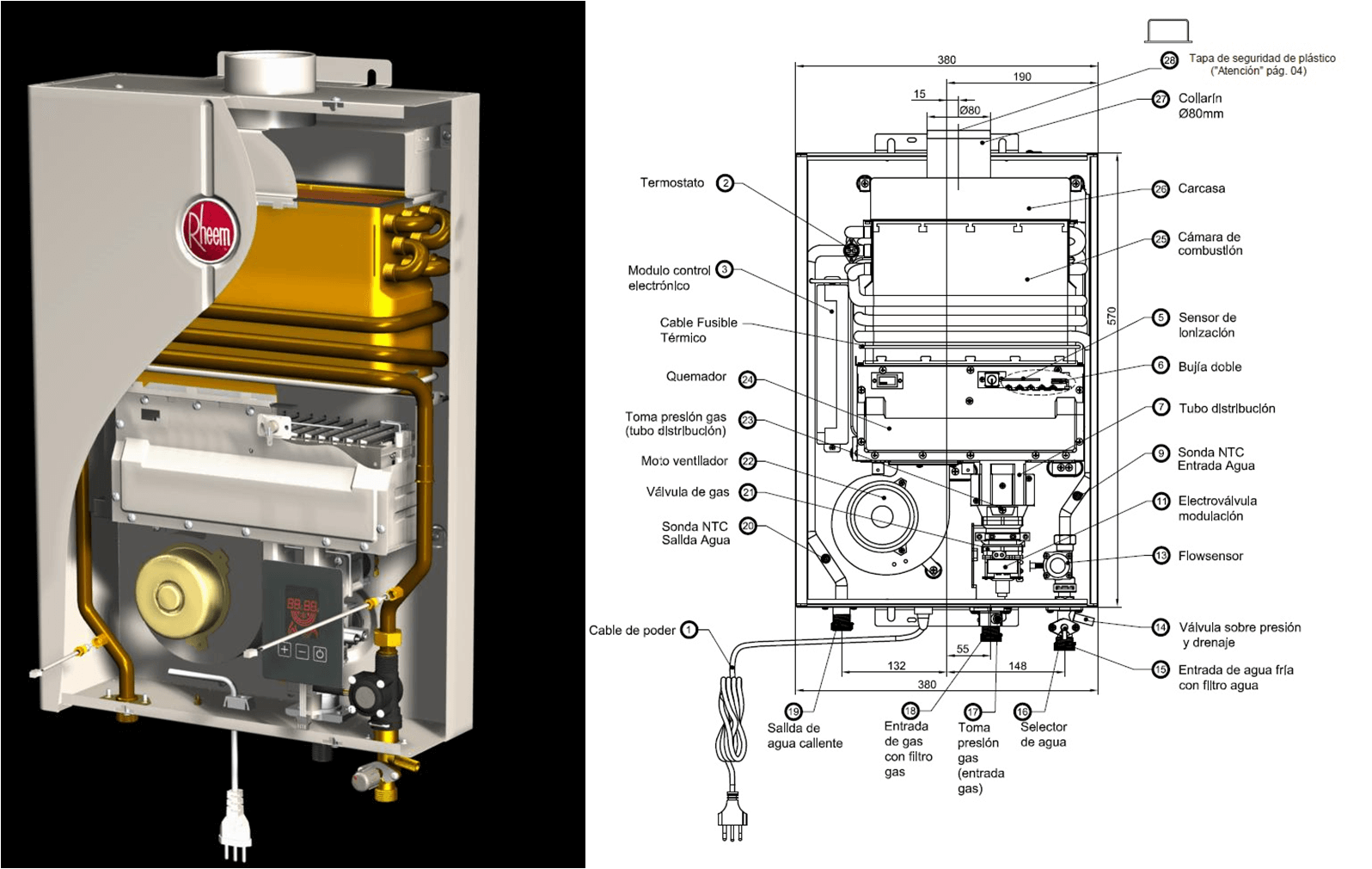 Rheem. Calefon digital tiro forzado. 14 litros. NorTerChile