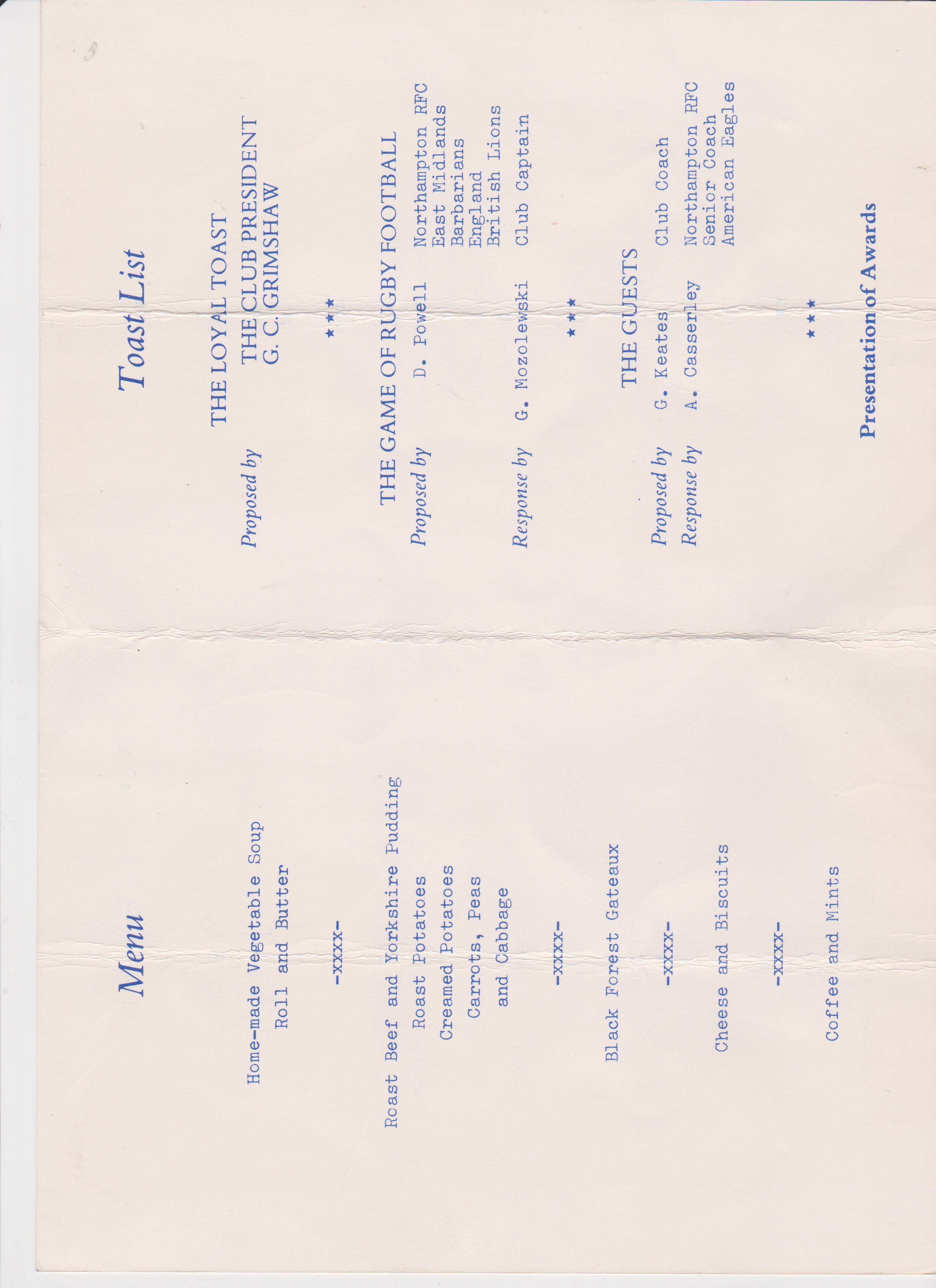 Club Annual Dinners Northampton Trinity Old Boys RFC RIP