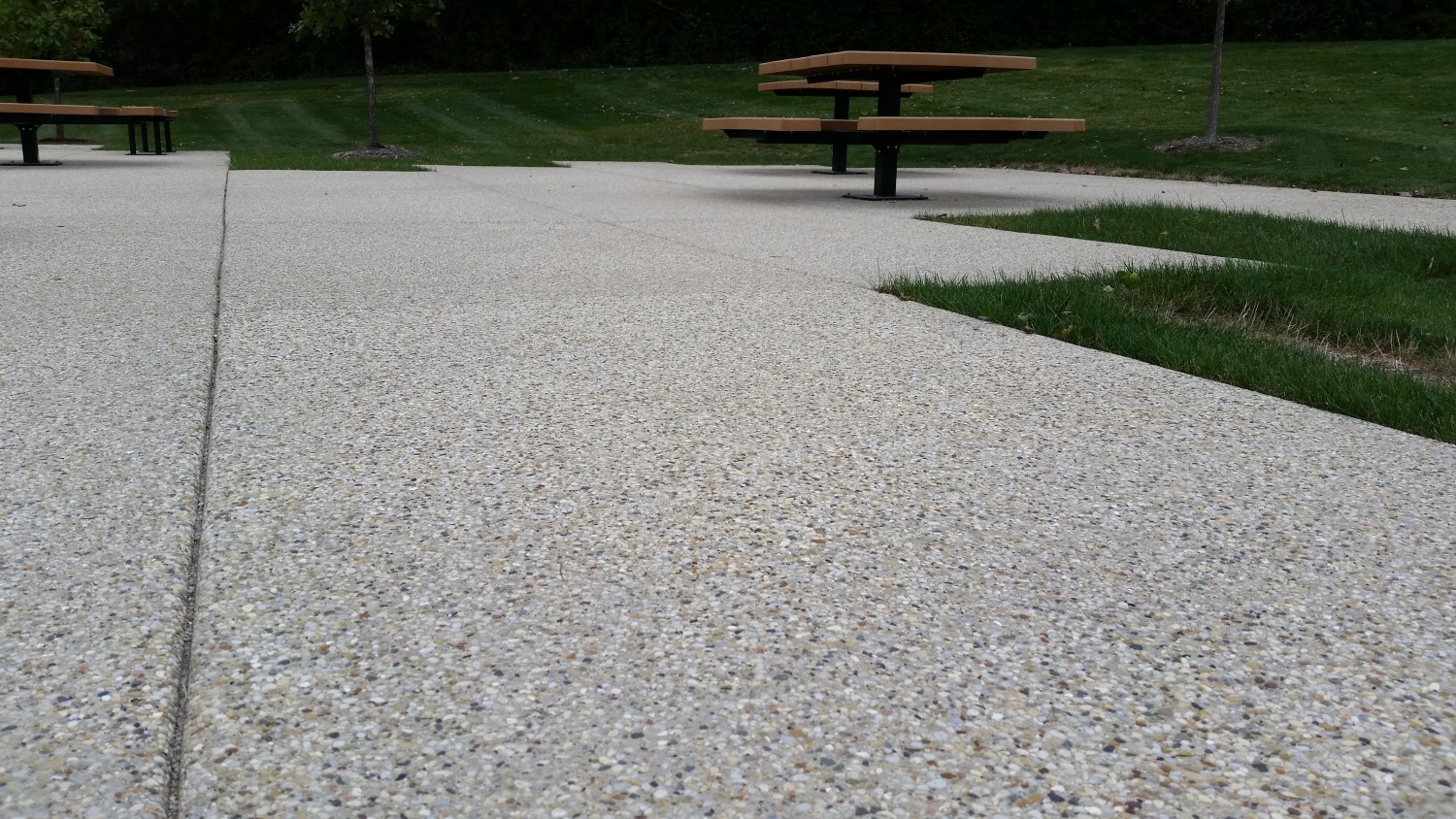 Exposed aggregate patio with park tables North Shore Aggregate