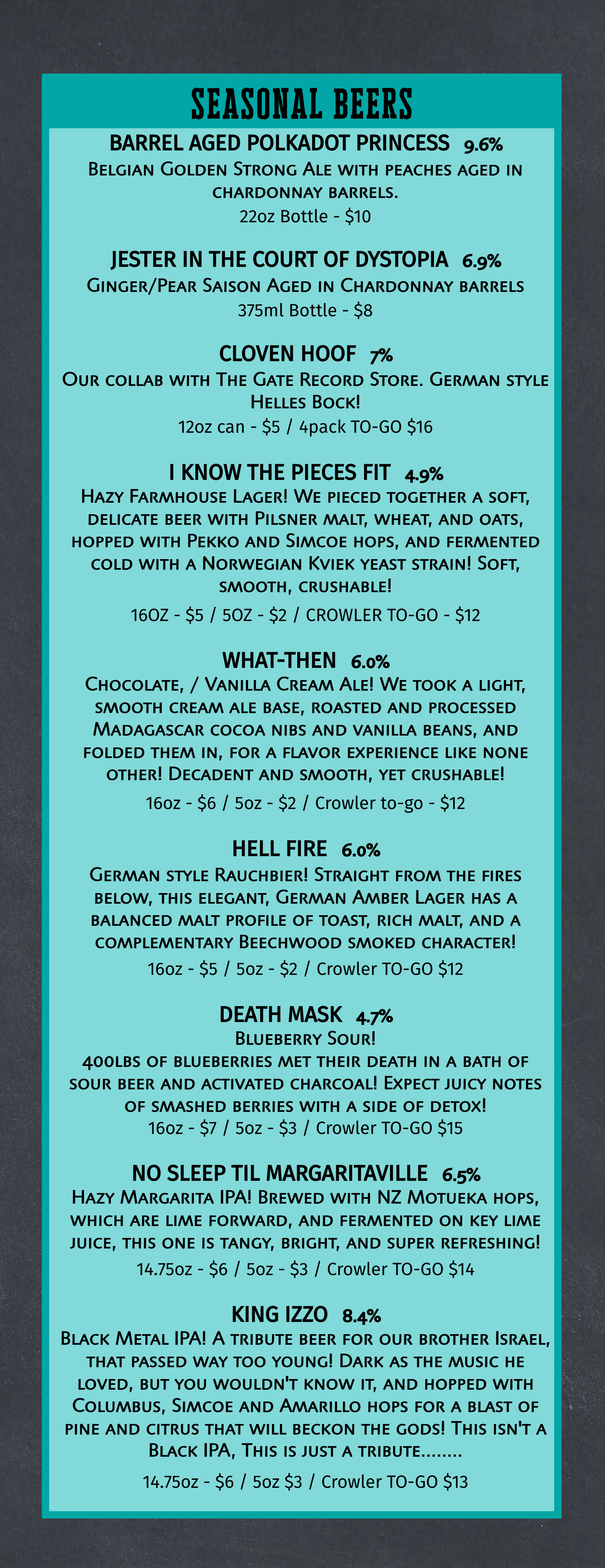 Seasonal Beer Menu Nortons Brewing Company