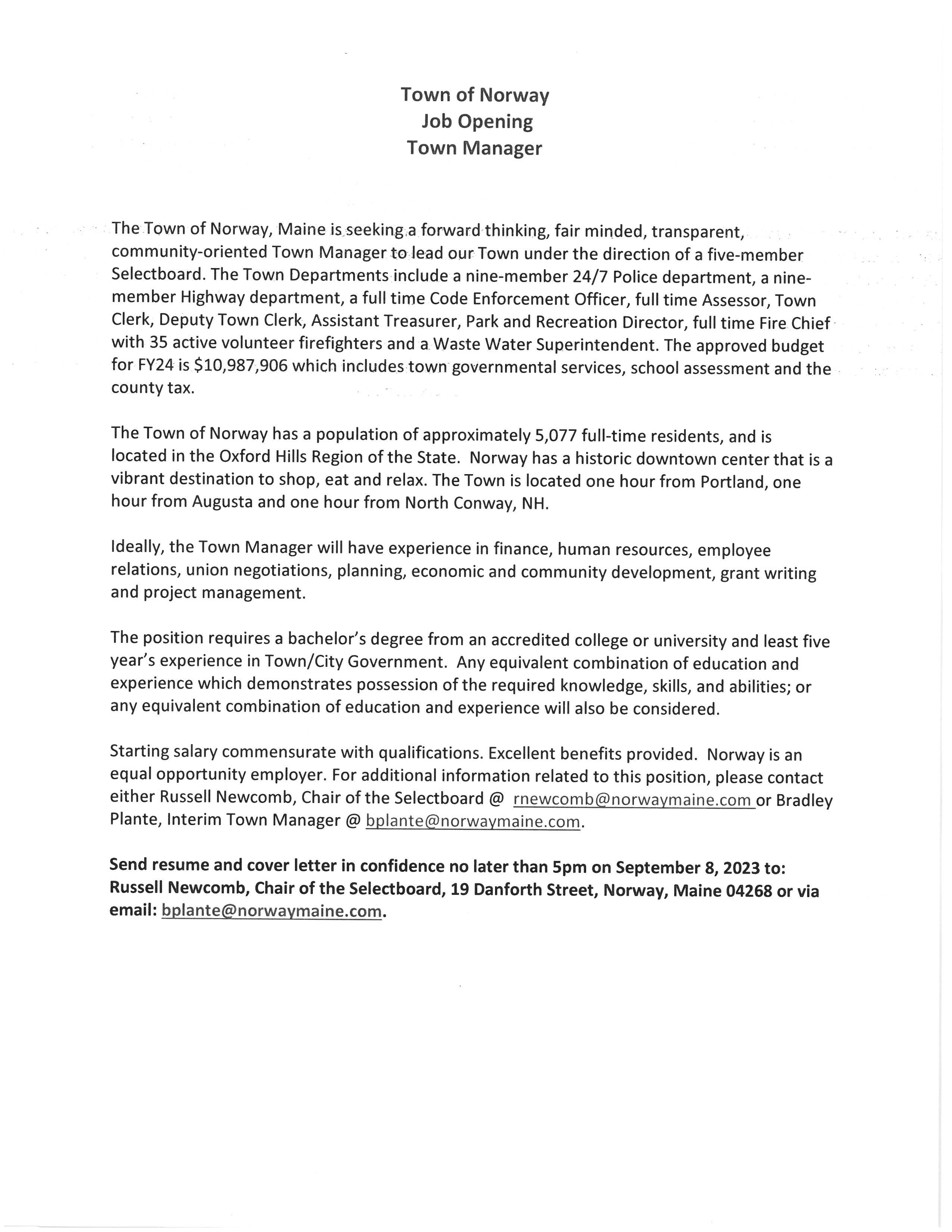 Town Manager Job Opening The Town of Norway