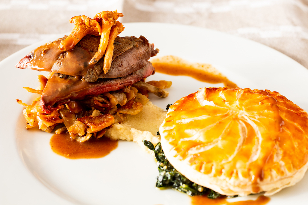 Roast crown of pigeon with a leg meat pithivier The Nosey Chef