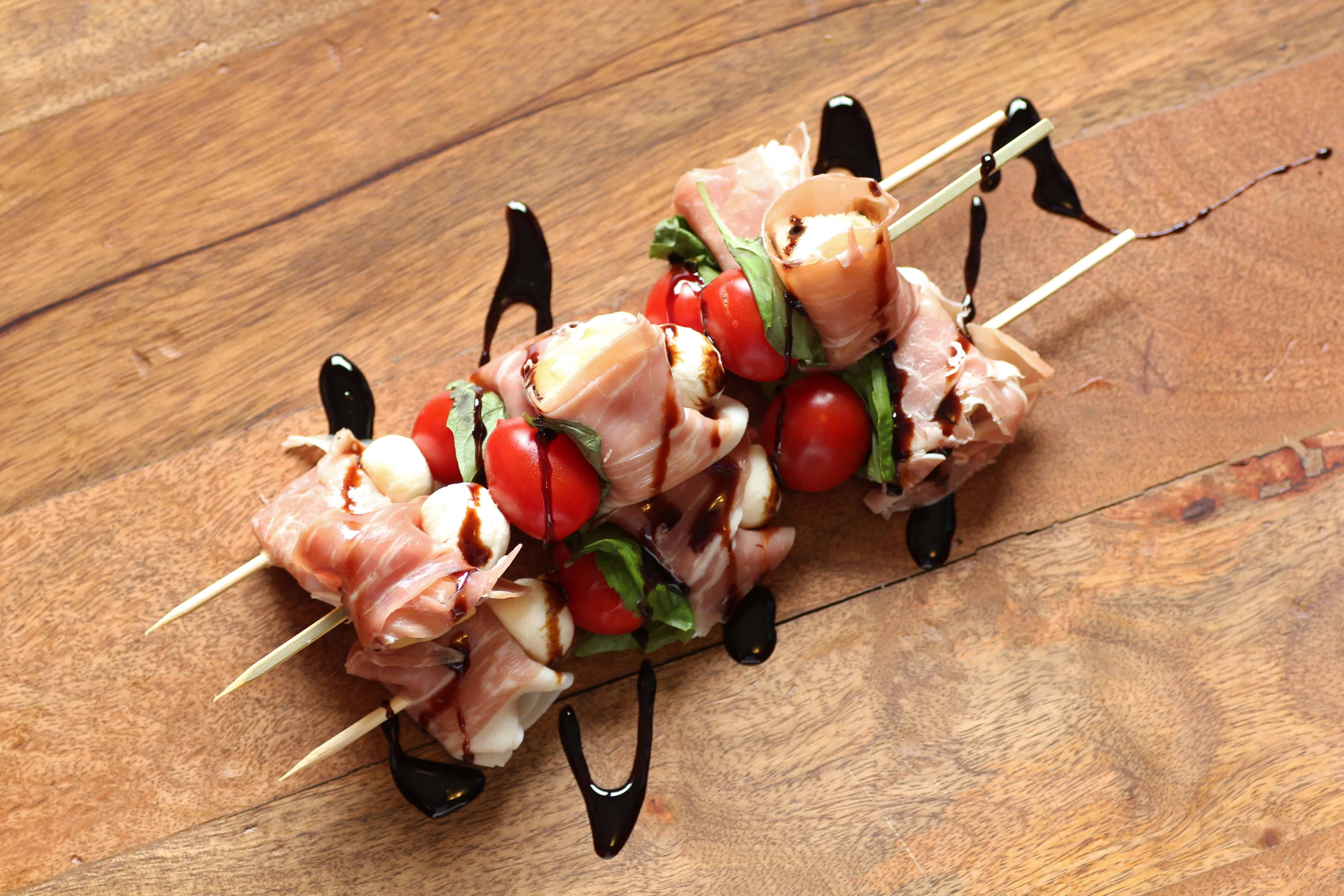 Proscuitto Wrapped Focaccia, Tomato and Bocconcini Skewers