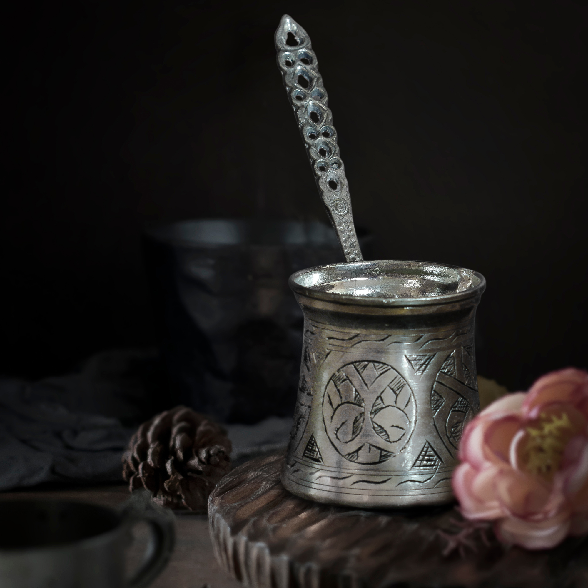 Turkish Coffee Pot with Carved Design Cezve Silver Plated Copper