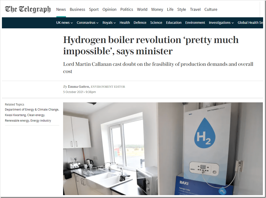 Hydrogen boiler revolution ‘pretty much impossible’, says minister
