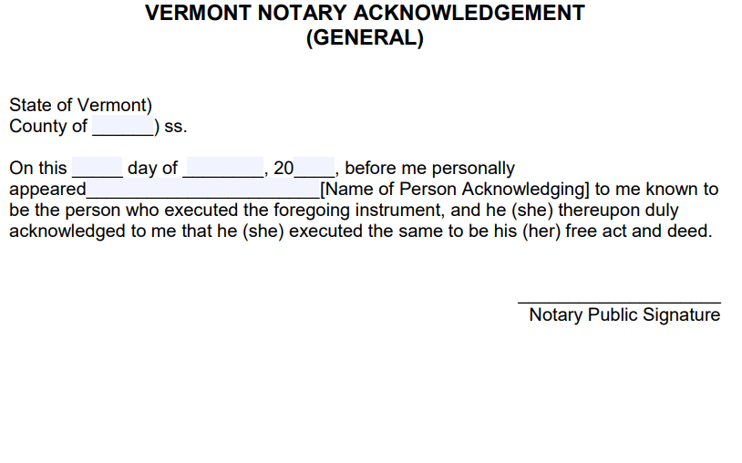 Free Vermont Notary Acknowledgement General PDF Word