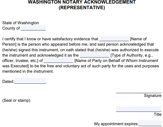 Free Washington Notary Acknowledgement Representative PDF Word