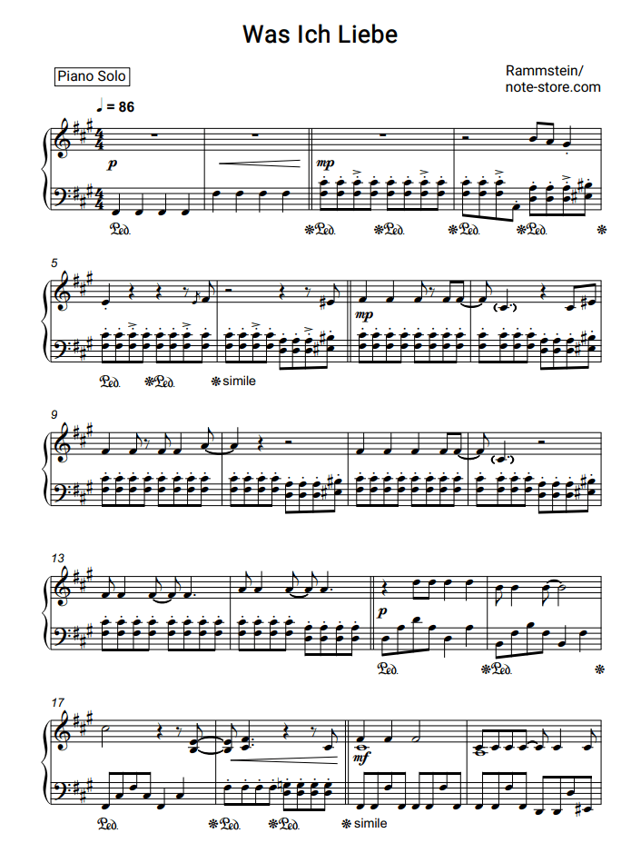 Rammstein Was Ich Liebe sheet music for piano download Piano.Solo SKU PSO0013387 at note