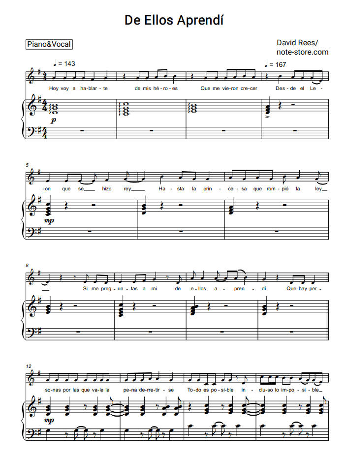 David Rees De Ellos Aprendí sheet music for piano with letters