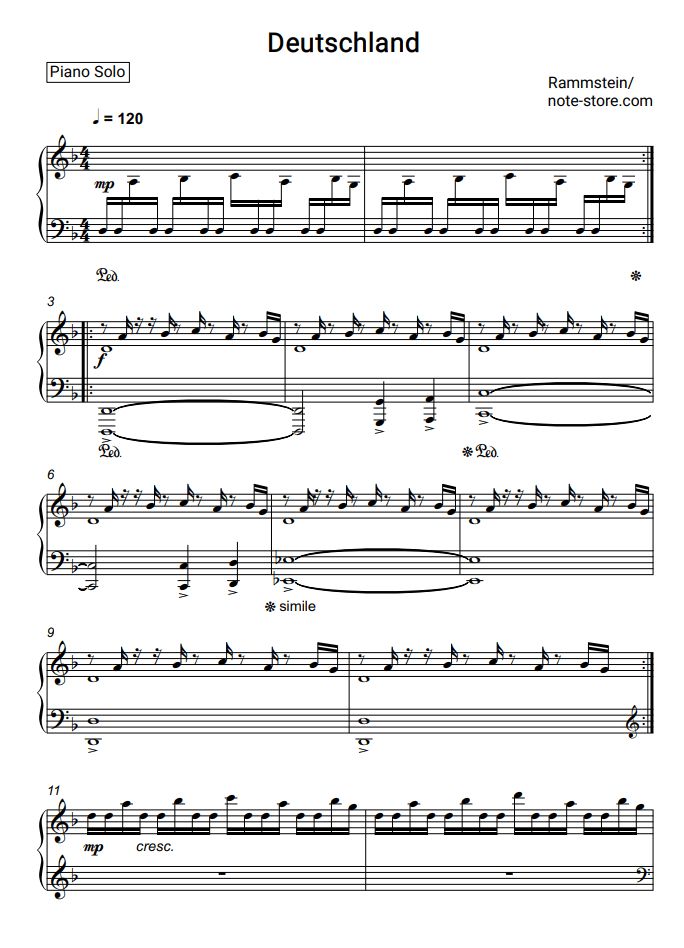 Rammstein Deutschland sheet music for piano download Piano.Solo SKU