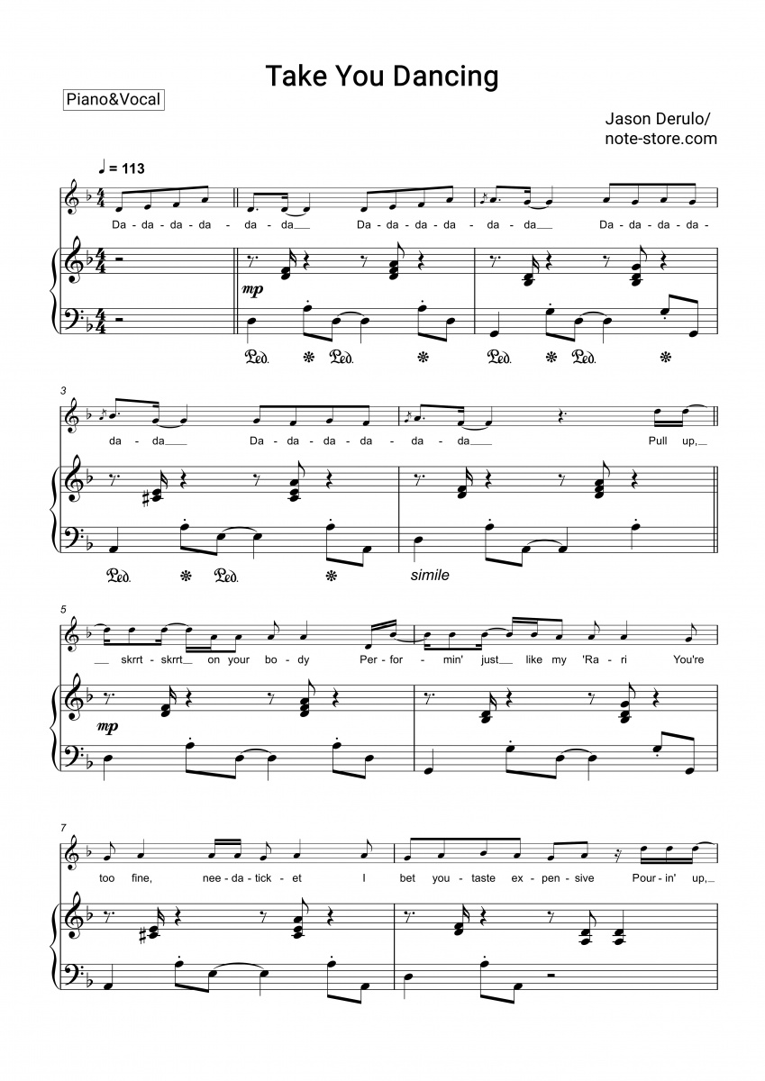 Jason Derulo Take You Dancing sheet music for piano with letters