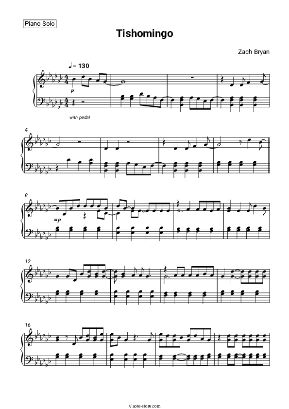 Tishomingo piano sheet music Zach Bryan in Piano.Solo