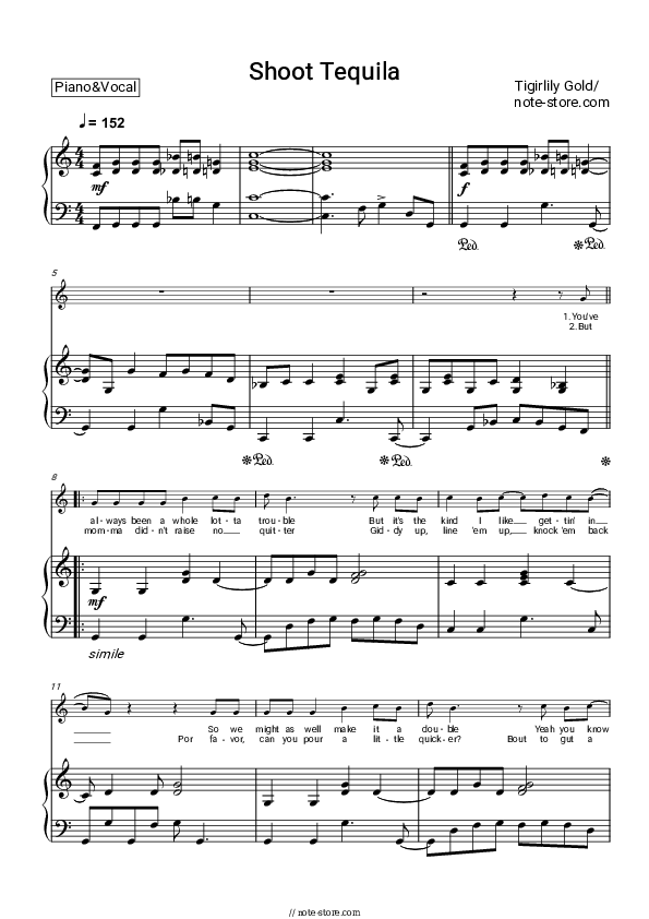 Shoot Tequila piano sheet music and voice Tigirlily Gold in NoteStore