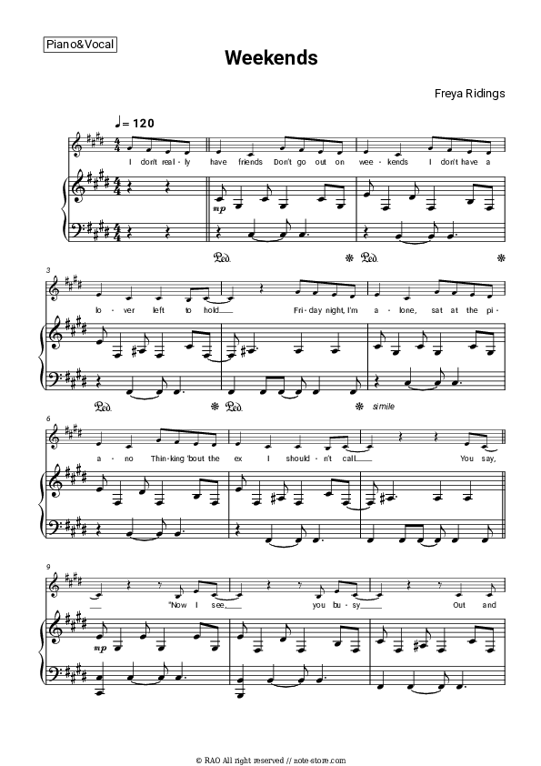 Weekends piano sheet music and voice Freya Ridings in