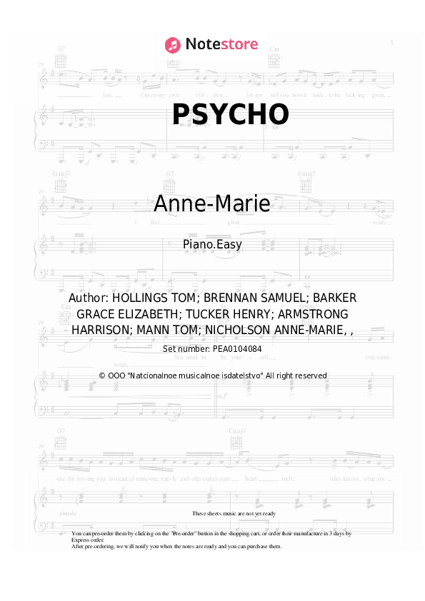 PSYCHO piano sheet music easy AnneMarie, Aitch in