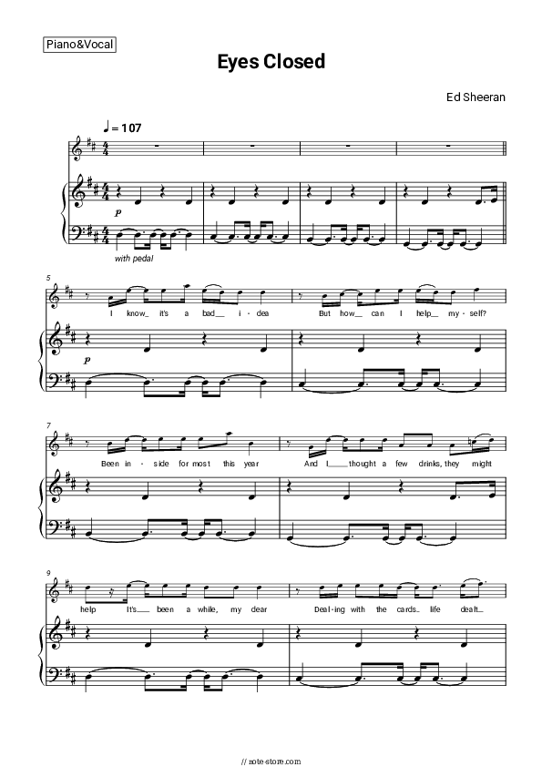 Eyes Closed piano sheet music and voice Ed Sheeran in