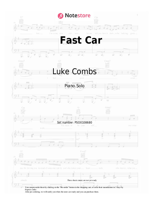 Luke Combs Fast Car sheet music for piano download Piano.Solo SKU