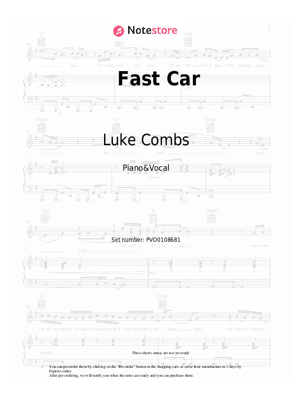Fast Car piano sheet music and voice Luke Combs in