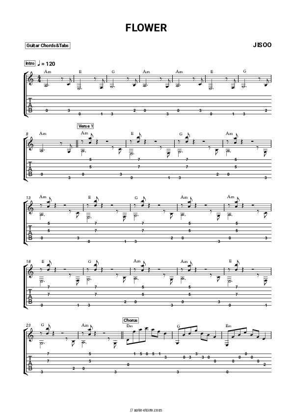 JISOO FLOWER chords, guitar tabs on Guitar.Chords