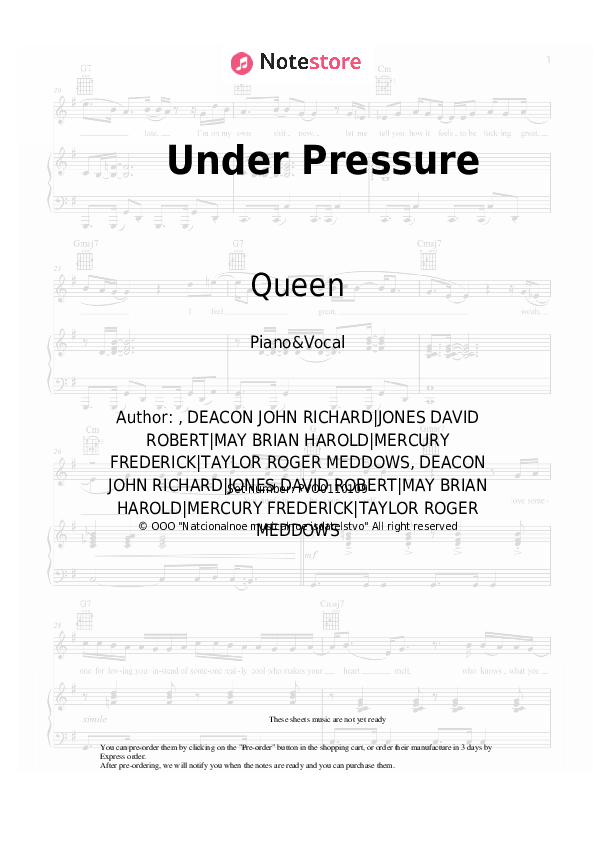 Under Pressure piano sheet music and voice Queen in