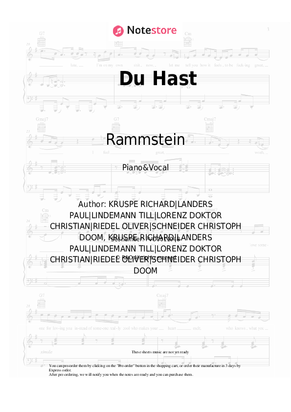 Du Hast piano sheet music and voice Rammstein in Piano