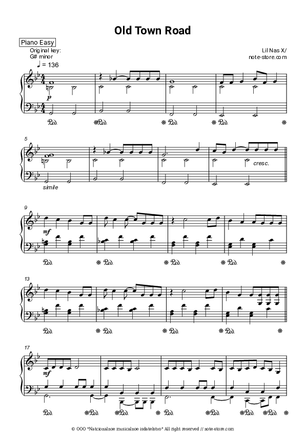 Lil Nas X Old Town Road piano sheet music in Piano.Easy SKU PEA0011097