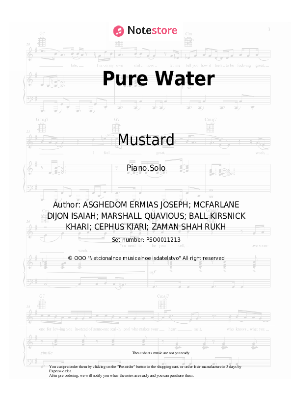 Pure Water piano sheet music Mustard, Migos in Piano